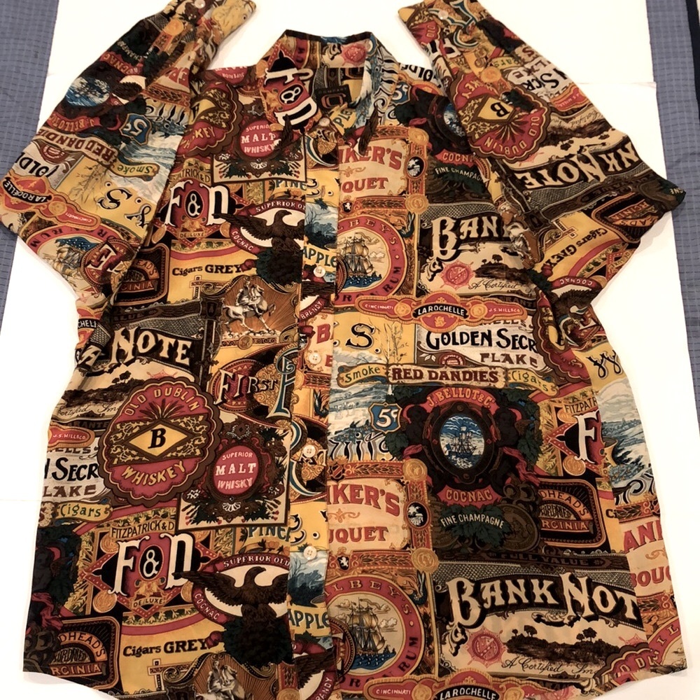 Company By Ellen Tracy Vintage Cigar/Whiskey Collage Pattern Silk Blouse - EUC